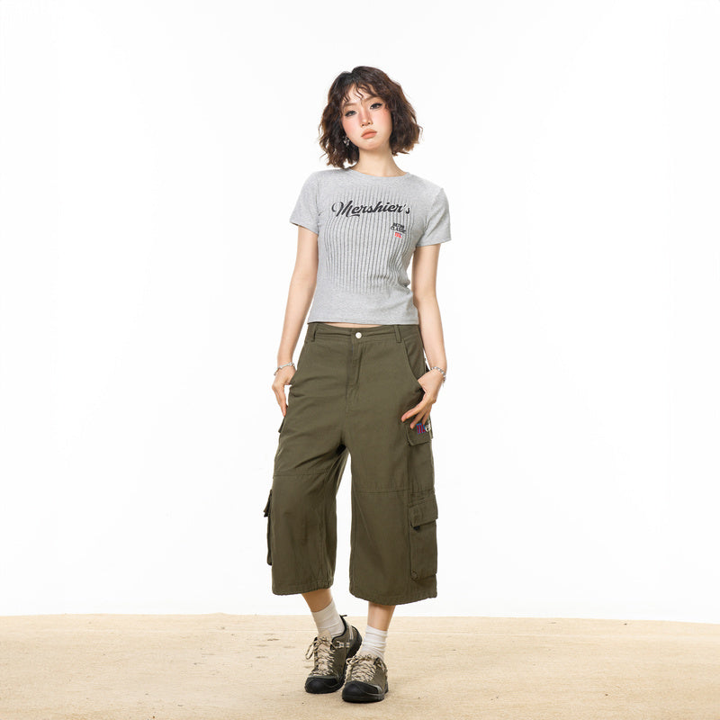 美式復古條紋字母印花正肩短袖t恤女新款夏季辣妹修身上衣