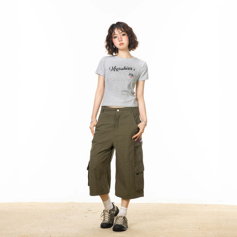 美式復古條紋字母印花正肩短袖t恤女新款夏季辣妹修身上衣