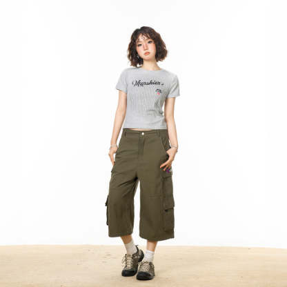 美式復古條紋字母印花正肩短袖t恤女新款夏季辣妹修身上衣