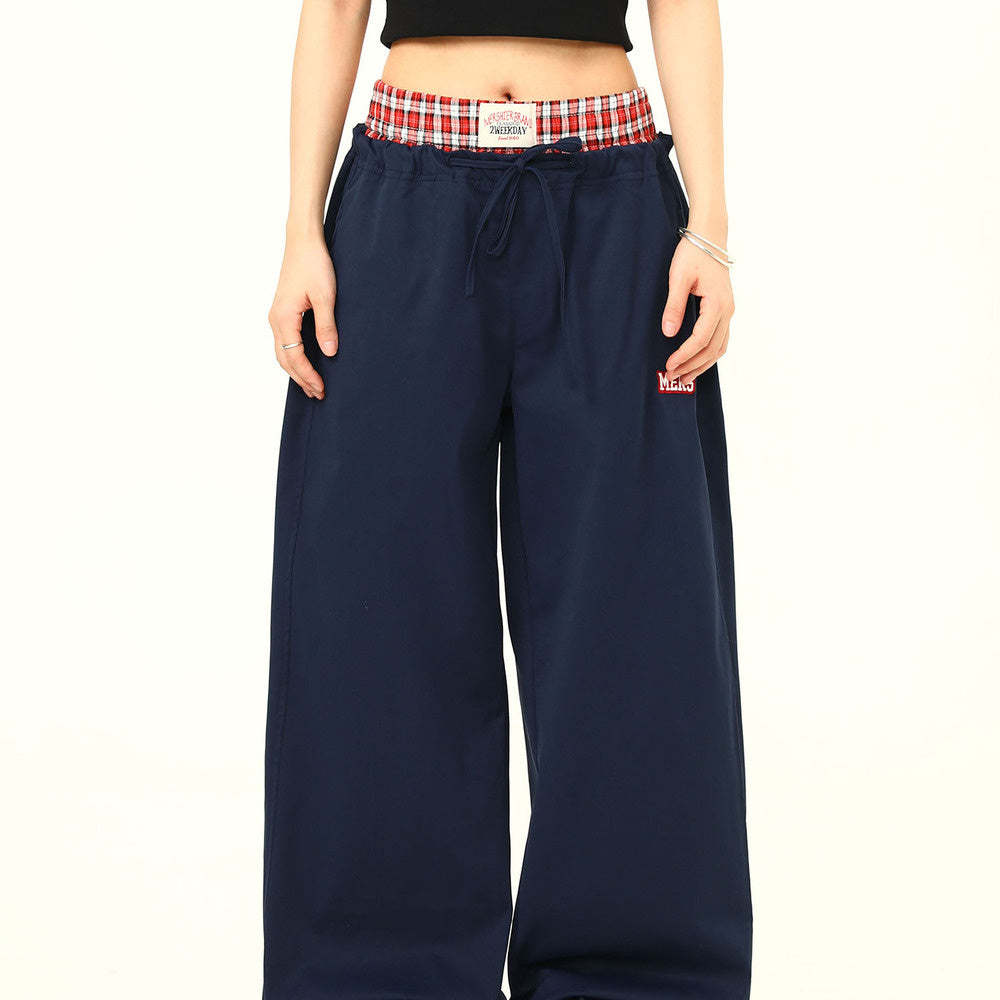 雙腰頭格子拼接假兩件休閒褲女美式復古運動工裝褲子