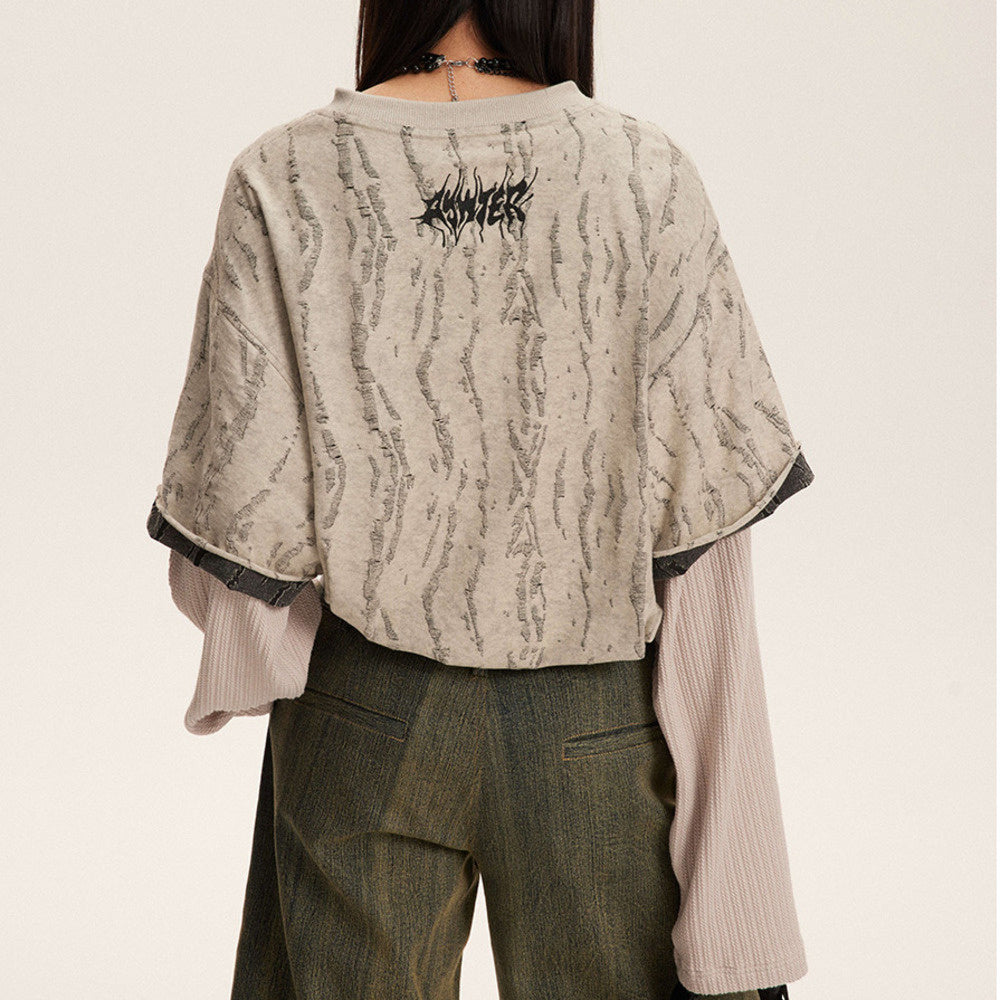 刺繡字母假兩件圓領衛衣女春秋季美式潮牌打底衫