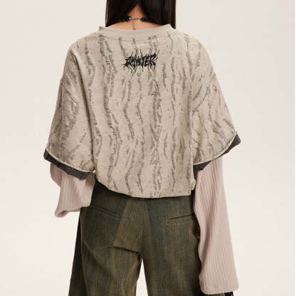 刺繡字母假兩件圓領衛衣女春秋季美式潮牌打底衫