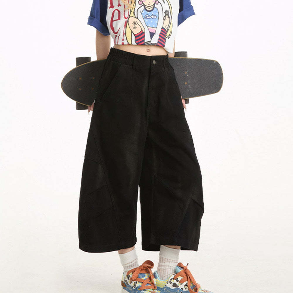 美式復古做舊髒染工裝短褲女夏季寬鬆直筒闊腿褶皺七分褲