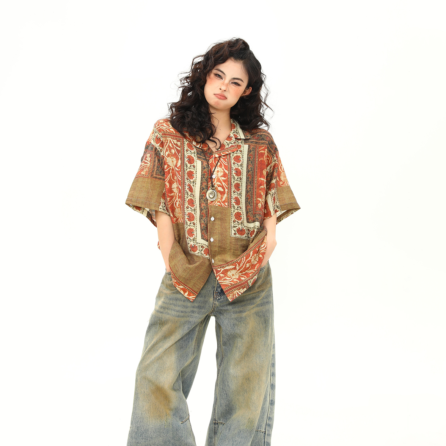 古著花卉襯衫女美式個性潮牌西裝領短袖襯衣夏季凉感上衣