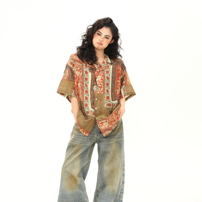 古著花卉襯衫女美式個性潮牌西裝領短袖襯衣夏季凉感上衣