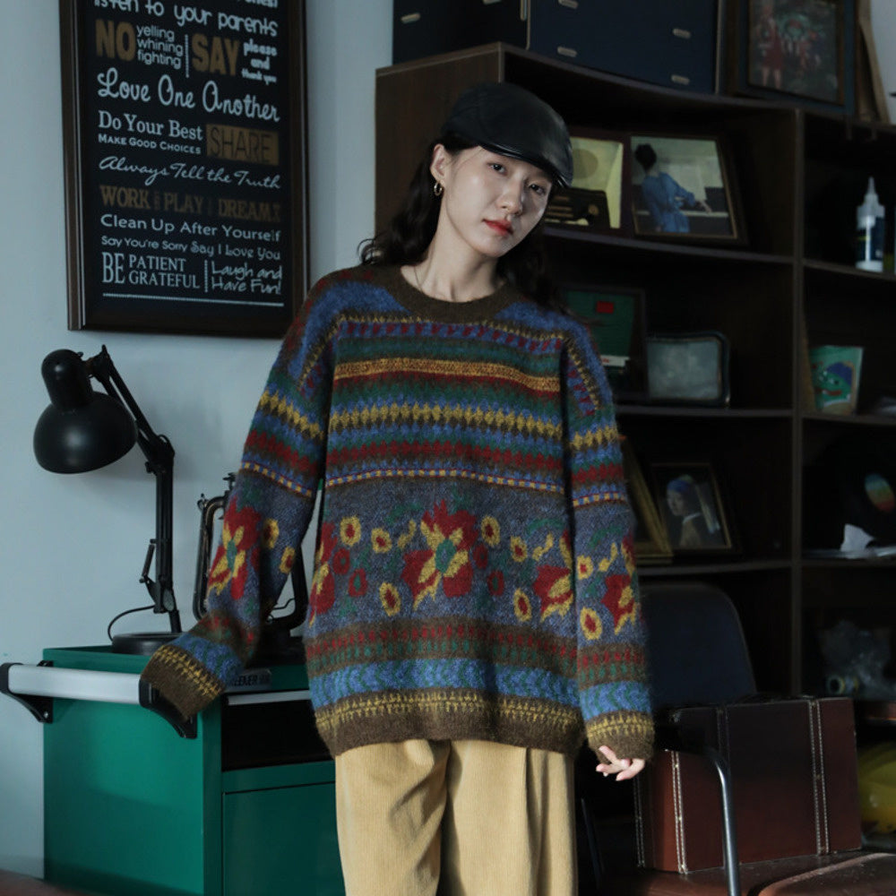 復古提花圓領套頭針織衫寬鬆慵懶風毛衣女秋冬