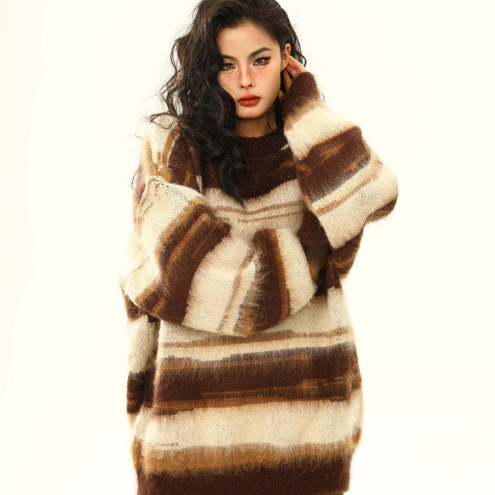 美式復古馬海毛條紋毛衣女春秋慵懶氛圍感情侶針織衫上衣