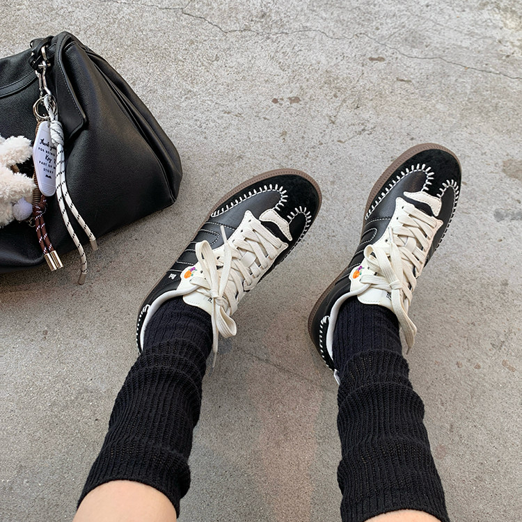 復古拼色手縫線運動休閒鞋板鞋女德訓鞋