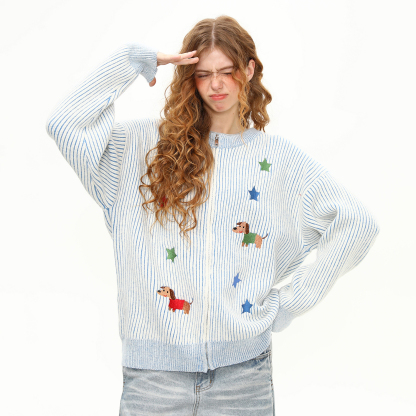 美式復古小狗刺繡條紋針織衫毛衣女秋冬慵懶寬鬆開衫外套