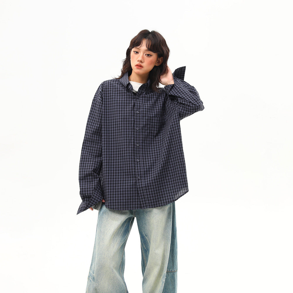 美式復古高級感藍色格子襯衫女寬鬆休閒百搭外穿襯衣