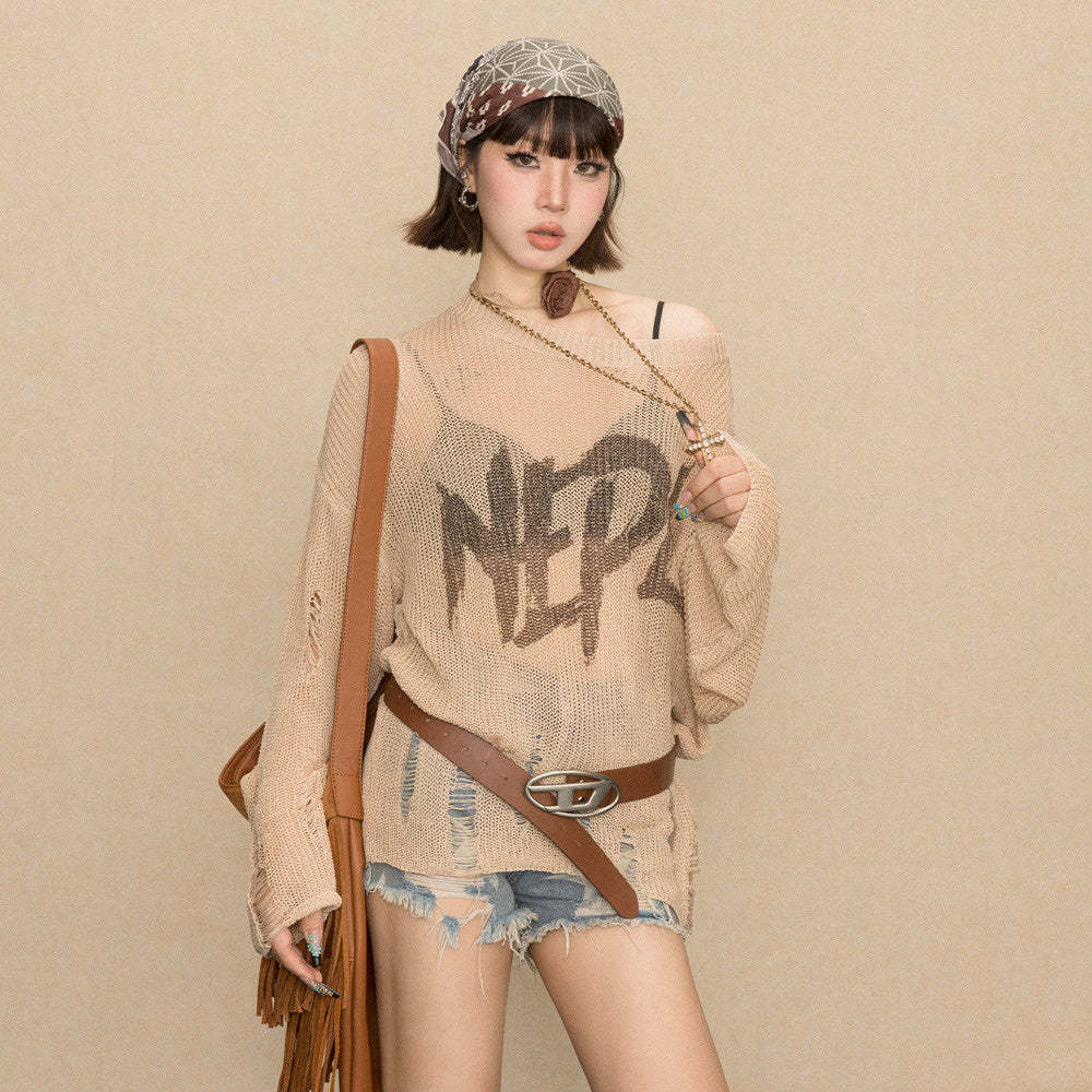 美式辣妹鏤空薄款破洞針織衫女早春新款設計感慵懶風毛衣罩衫