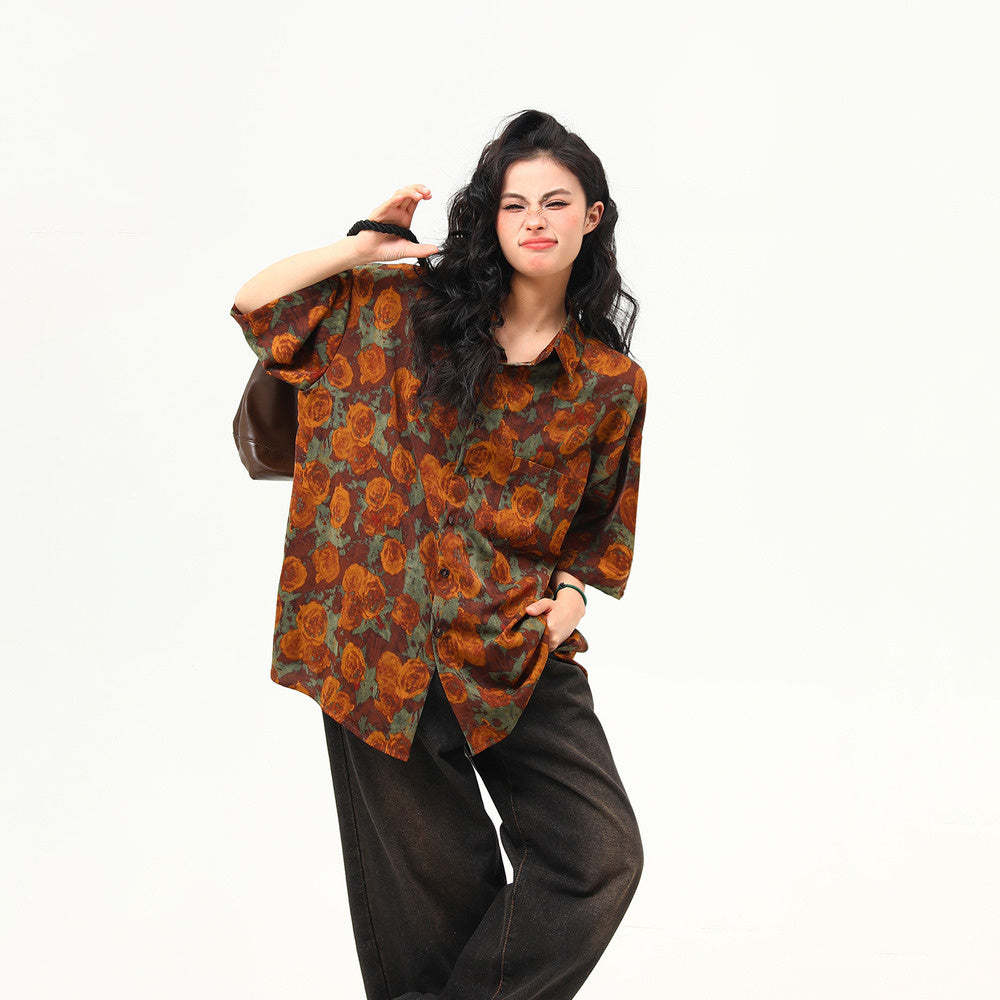 古著感花卉復古短袖襯衫女夏季凉感個性潮牌寬鬆襯衣