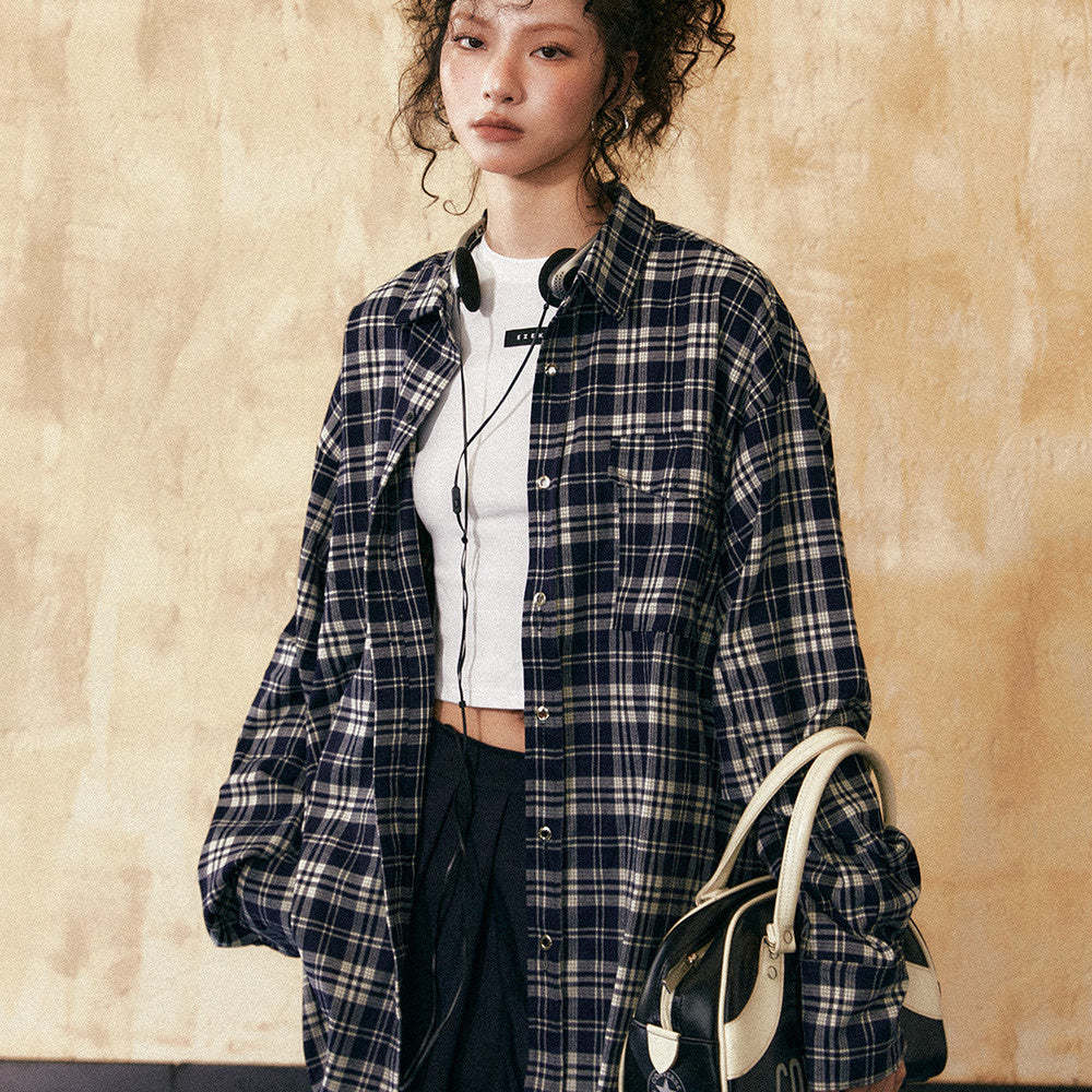 寬鬆時尚休閒格子襯衫女春秋新款翻領高街潮牌設計感百搭外套