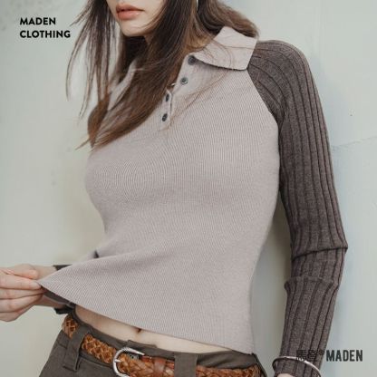 馬登女裝 美式拼接插肩袖針織衫格雷系修身顯瘦打底毛衣翻領內搭春秋女