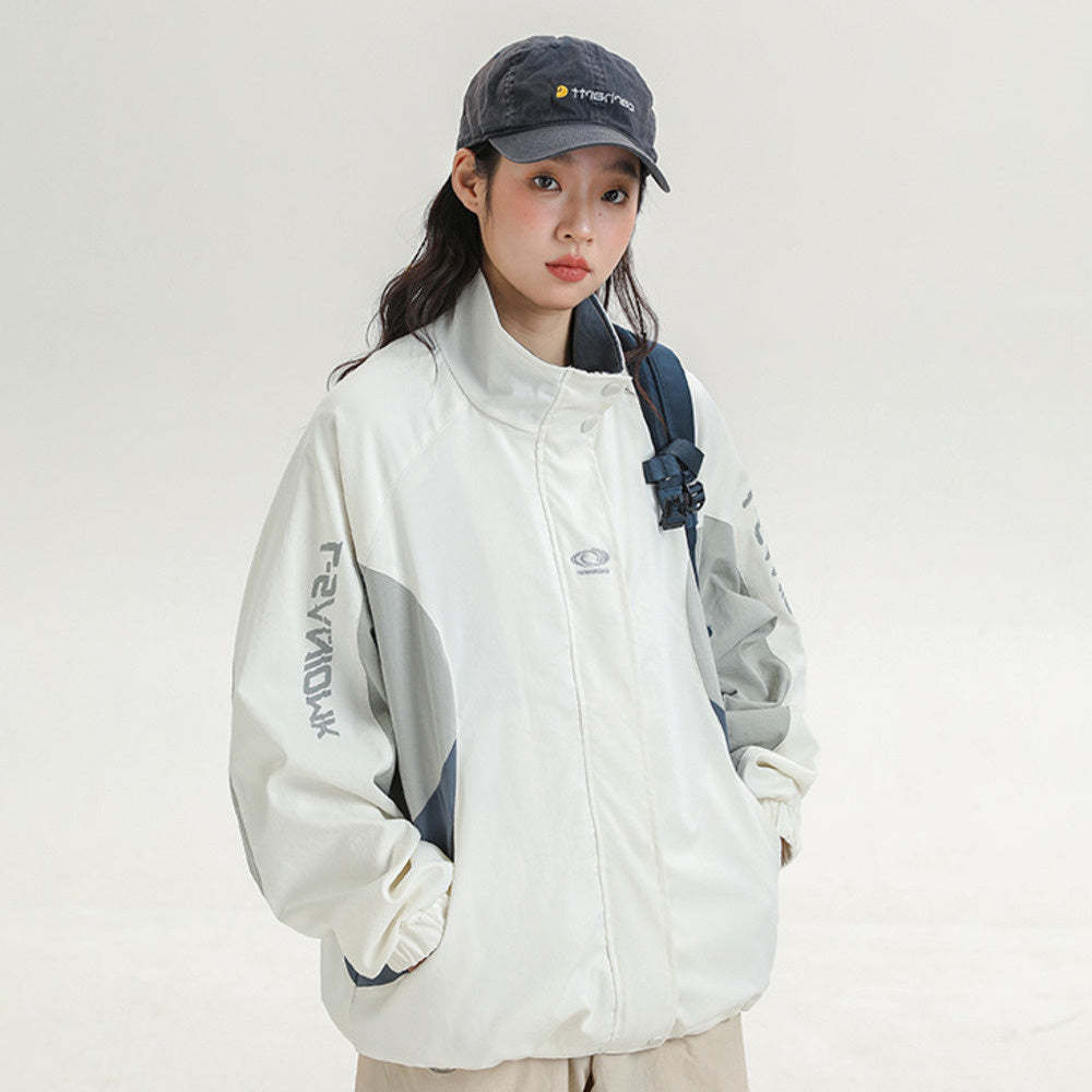 撞色拼接運動外套女春秋2025新款寬鬆設計感休閒立領夾克上衣