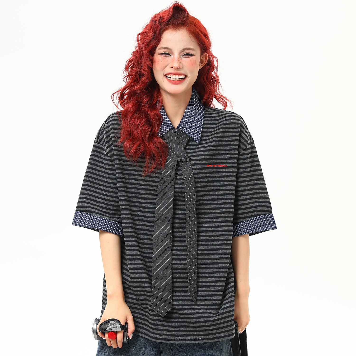 重磅高級感黑灰條紋短袖T恤女格子翻領美式復古上衣