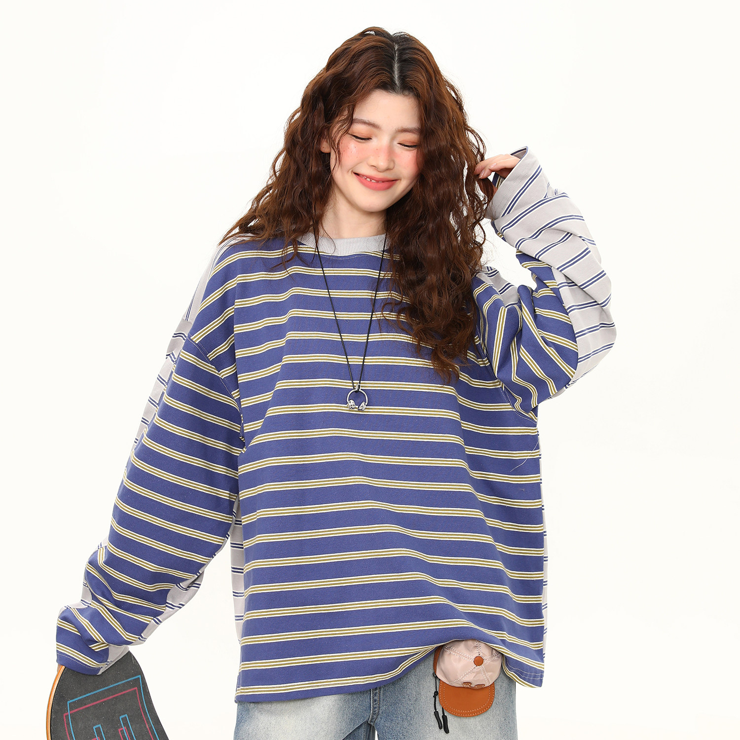 春季新款條紋拼接設計感寬鬆長袖T恤女美式復古百搭上衣