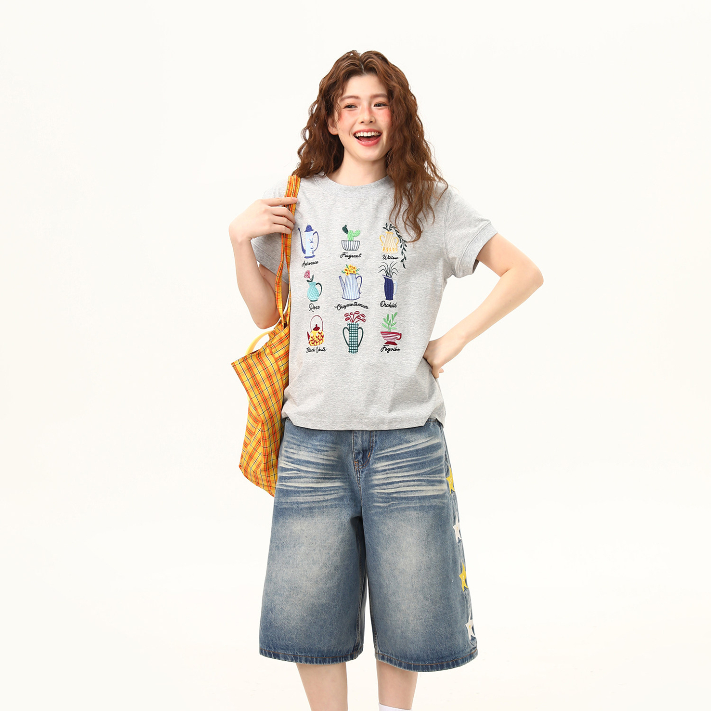 美式復古盆栽刺繡設計感正肩短袖T恤女短寬版小飛袖上衣