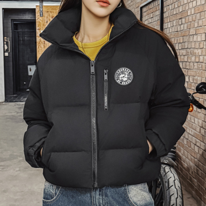 黑色90白鴨防鑽絨高立翻領短款加厚保暖麵包羽絨服外套女士冬