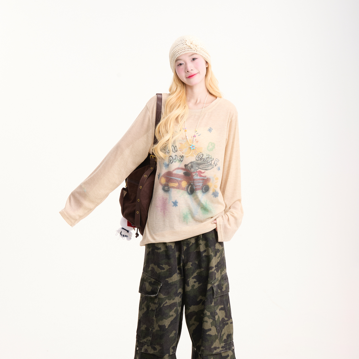 塗鴉印花薄款長袖T恤女新款慵懶微透夏季防曬休閒罩衫上衣