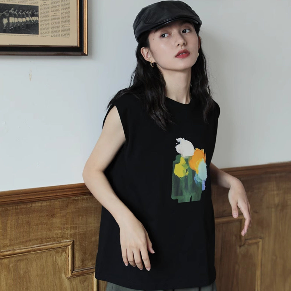 黑色油畫復古港風短袖印花無袖背心T恤女2025年夏季薄款凉快上衣