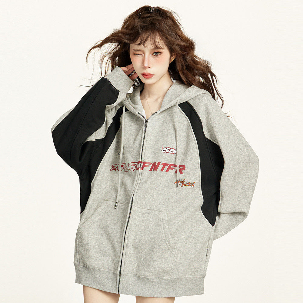 美式灰色拉鍊連帽衛衣外套女秋冬寬鬆慵懶風加絨加厚開衫