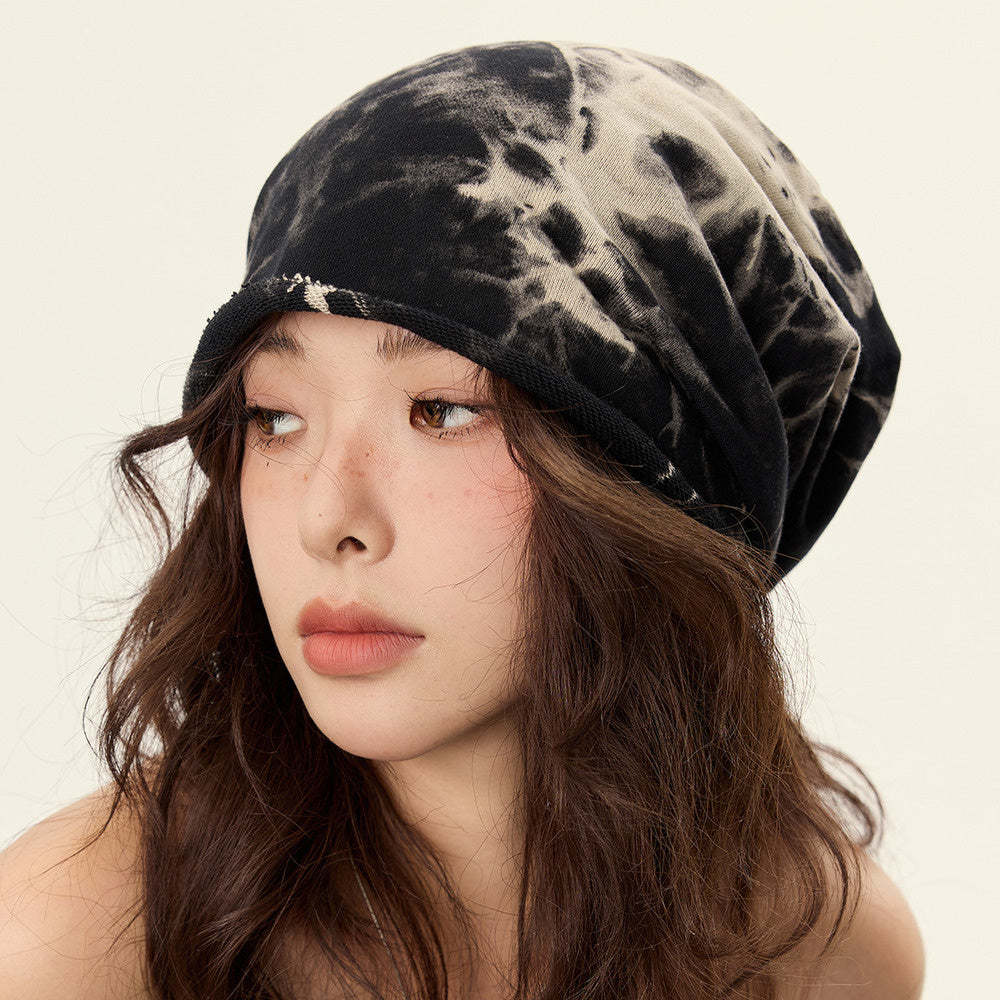 美式復古紮染堆堆帽子女卷邊顯臉小街頭休閒針織素顏包頭冷帽頭巾