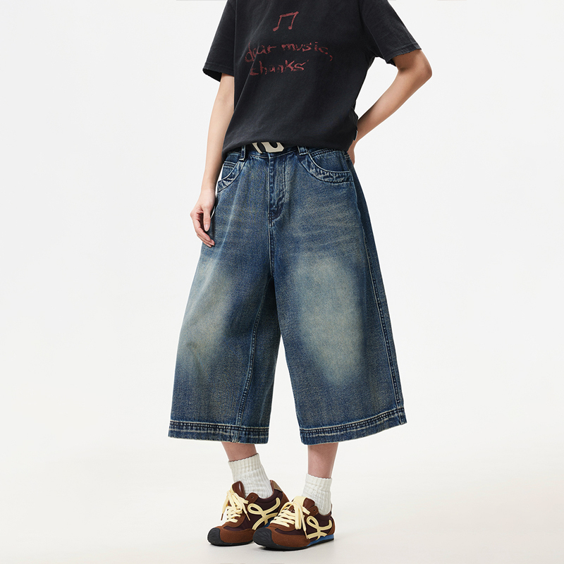 夏季美式復古水洗重磅七分牛仔褲女寬鬆闊腿潮牌短褲子