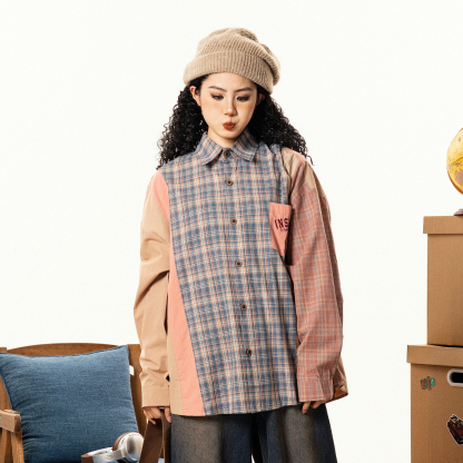 美式復古撞色格子長袖襯衫男女寬鬆小眾設計感古著襯衣