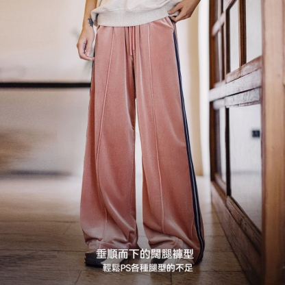絲絨直筒運動褲復古雙條杠春日慢人風衛褲居家長褲春秋季女