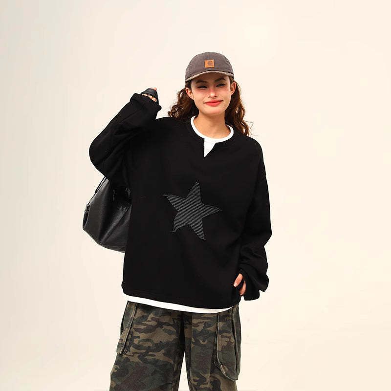 美式復古星星貼布亨利領高級感長袖衛衣女百搭上衣