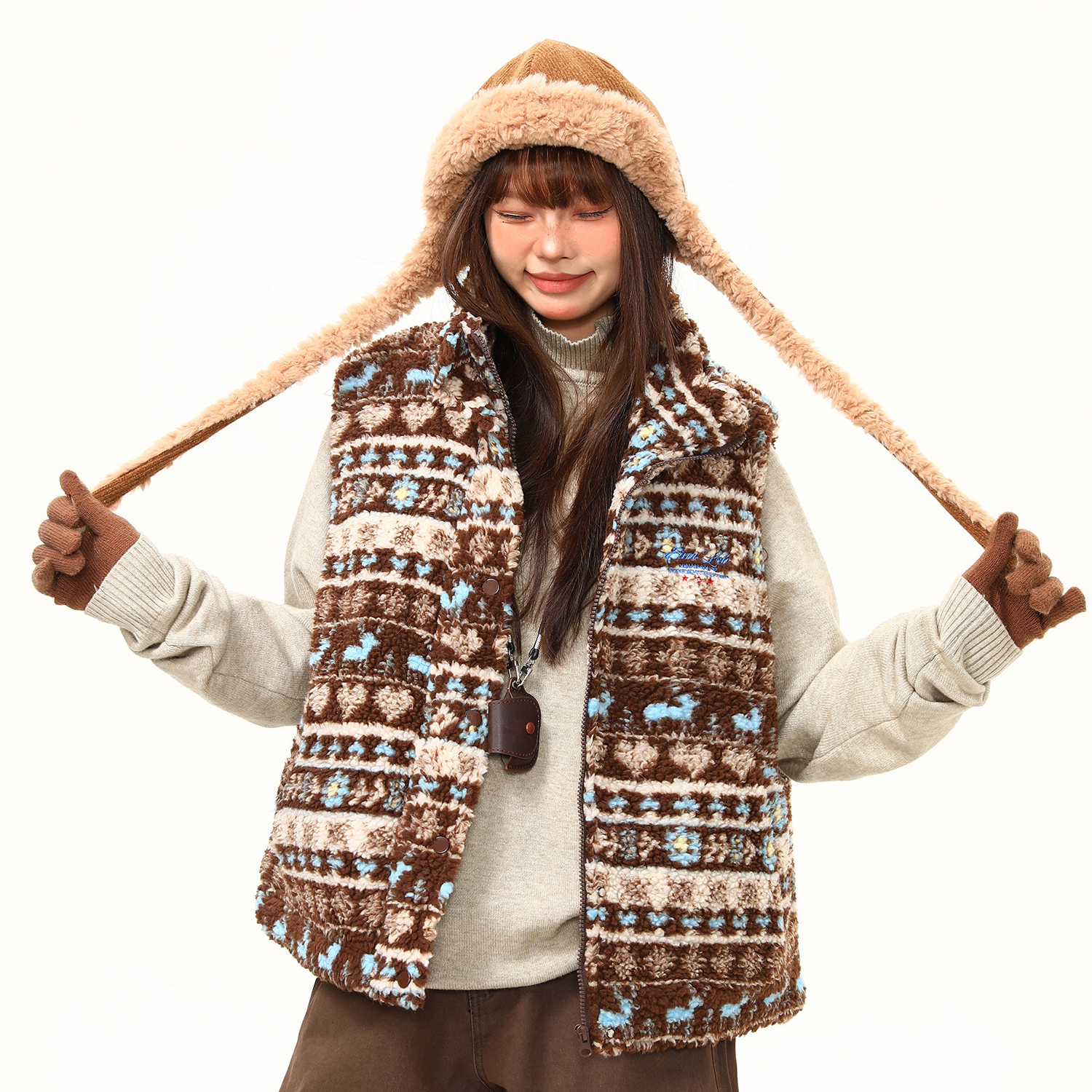 美式復古費爾島羊羔毛馬甲棉服外套女冬季新款氛圍感棉衣