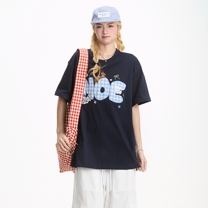 可愛小狗格子刺繡短袖T恤女美式潮牌甜酷寬鬆百搭休閒上衣