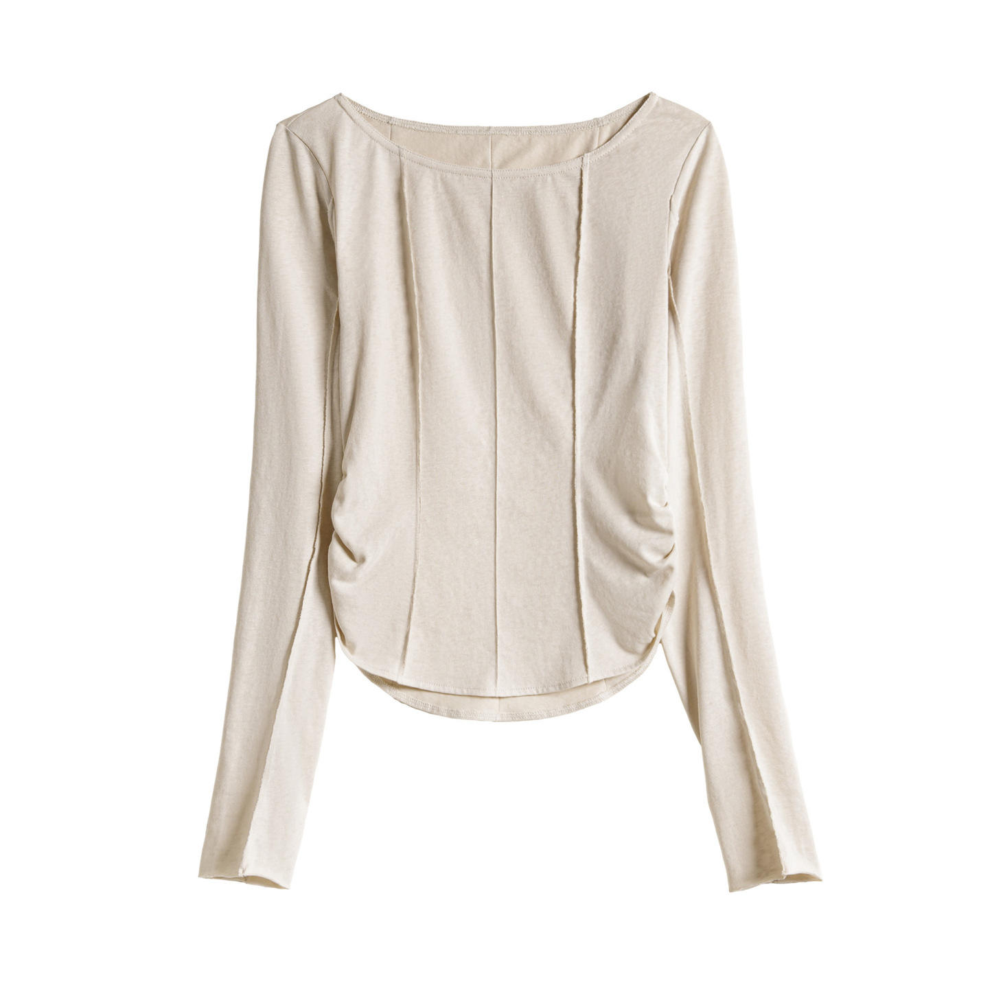 大領口薄款針織正肩長袖t恤魚骨收腰修身上衣打底罩衫女士夏