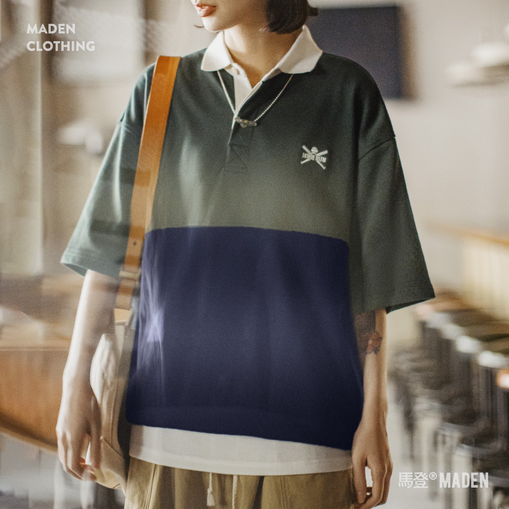 夏日美式復古拼接撞色POLO衫學院風刺繡日系寬鬆短袖T恤女