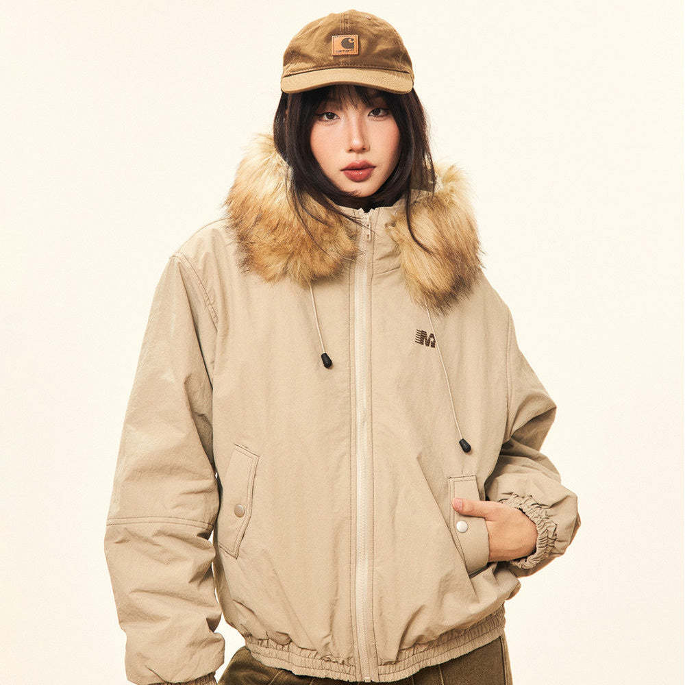 美式復古毛領連帽棉服女冬季加厚小個子短款棉衣派克服外套