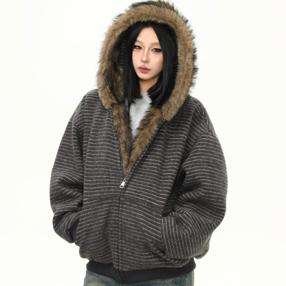 冬季加絨條紋連帽衛衣女美式復古重磅毛領開衫加厚外套