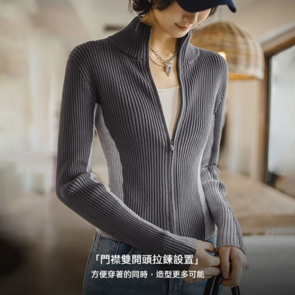 馬登女裝 撞色針織開衫格雷系坑條毛衣高級灰純棉內搭打底衫上衣春秋女