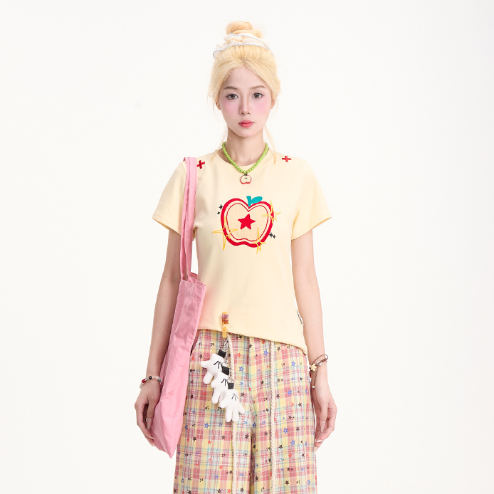 蘋果刺繡短袖T恤女美式復古甜辣修身顯瘦正肩百搭紅色上衣