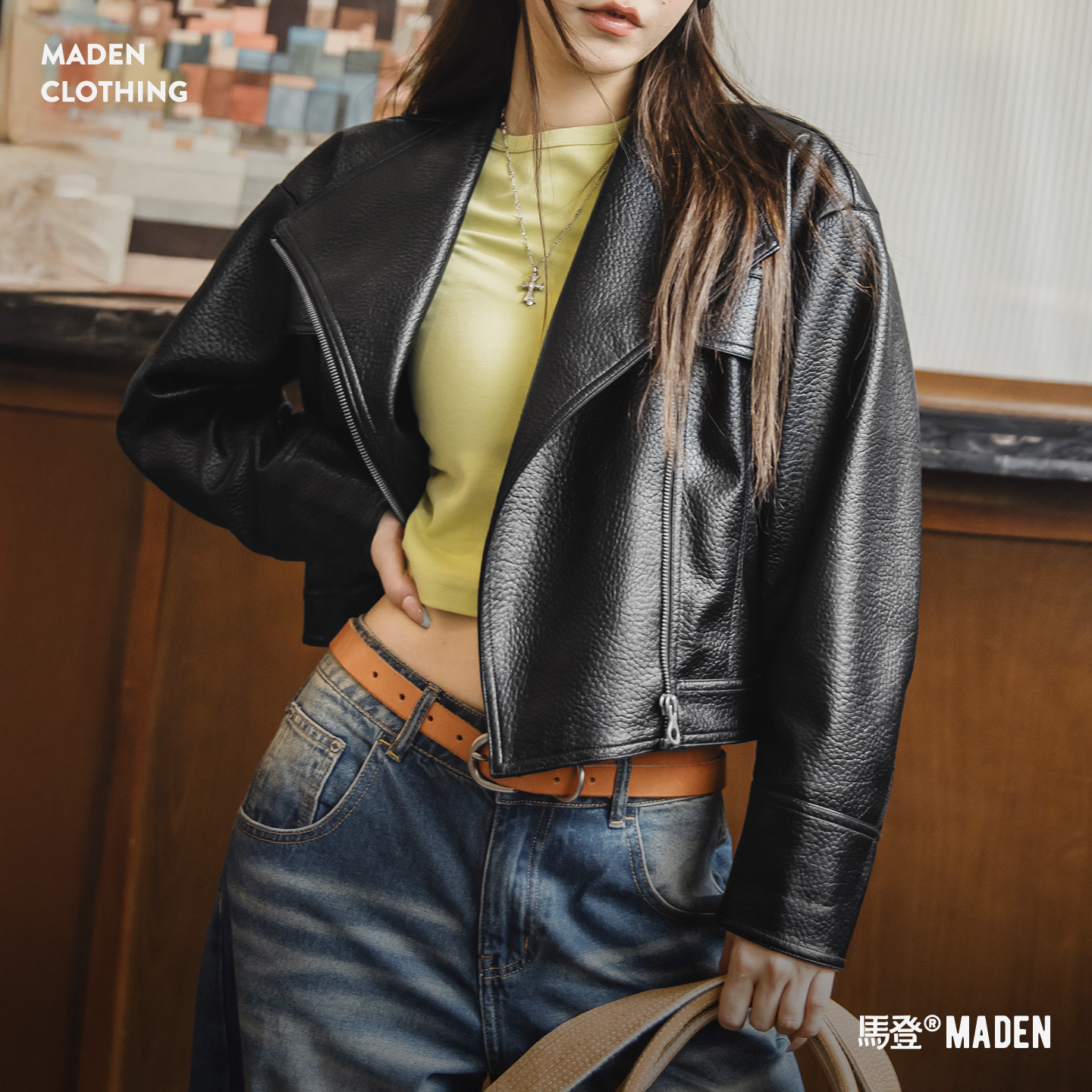 美式荔枝紋黑色短款斜拉鍊立翻領機車服PU皮衣夾克外套女士秋