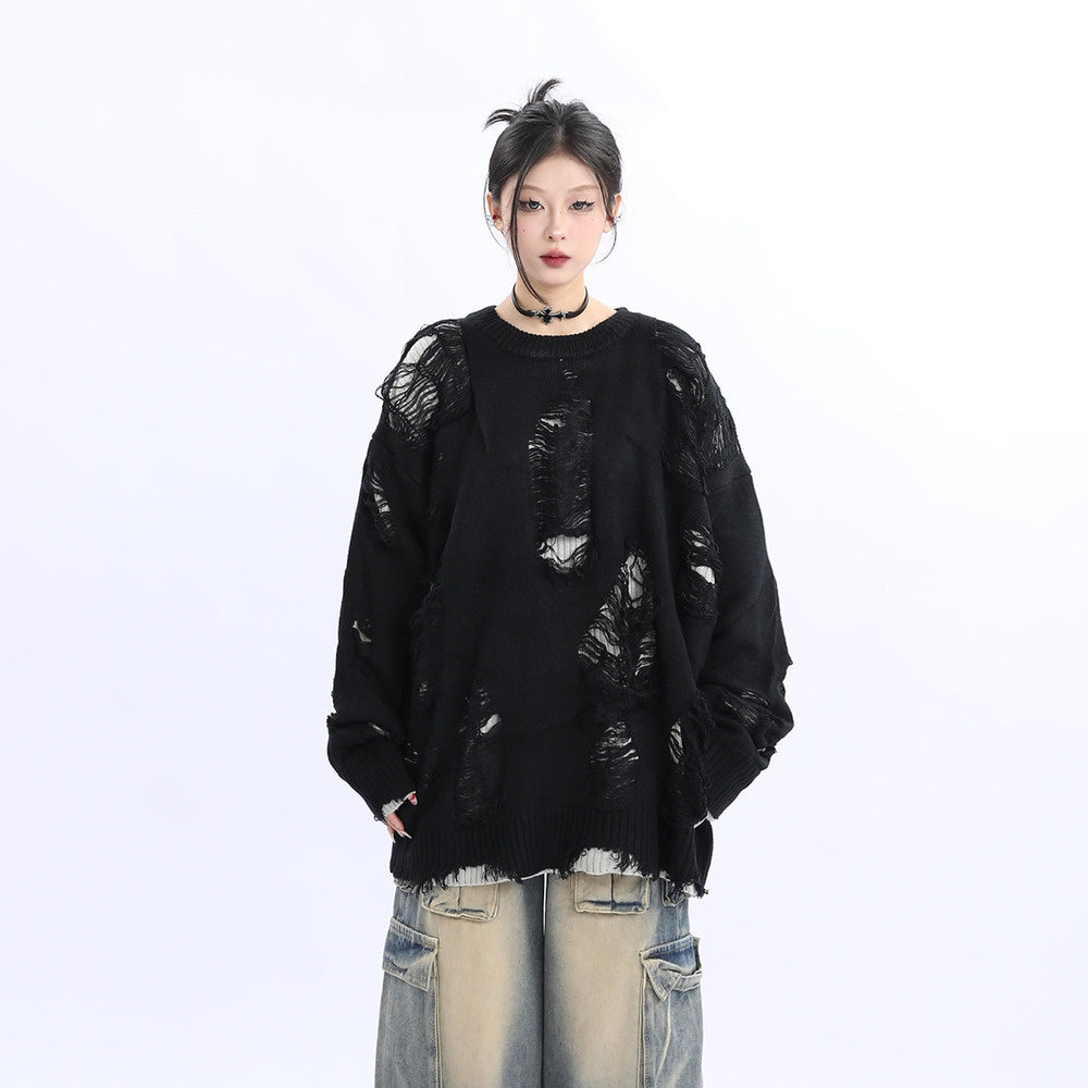 小眾設計感美式街頭破洞毛衣女寬鬆慵懶風oversize針織衫