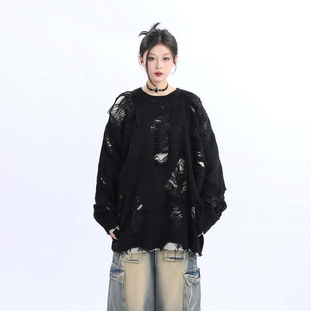 小眾設計感美式街頭破洞毛衣女寬鬆慵懶風oversize針織衫