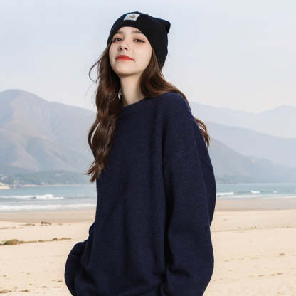 復古純色圓領套頭毛衣女秋冬新款高級感寬鬆慵懶風針織衫上衣