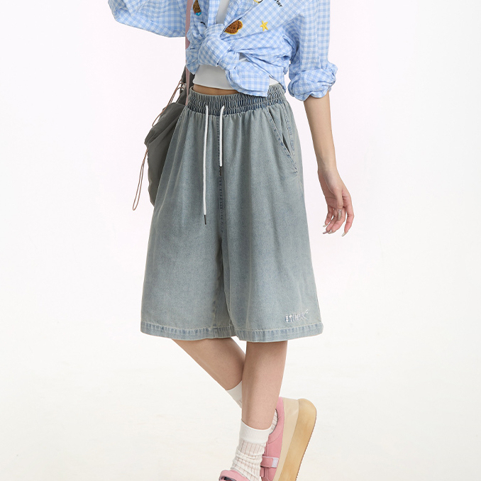 美式復古嘻哈工裝牛仔短褲女夏季寬鬆闊腿街頭中褲五分褲