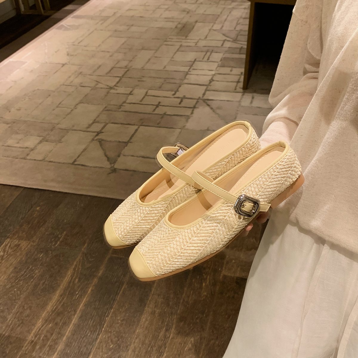 度假風草編方頭涼拖懶人半拖女夏季