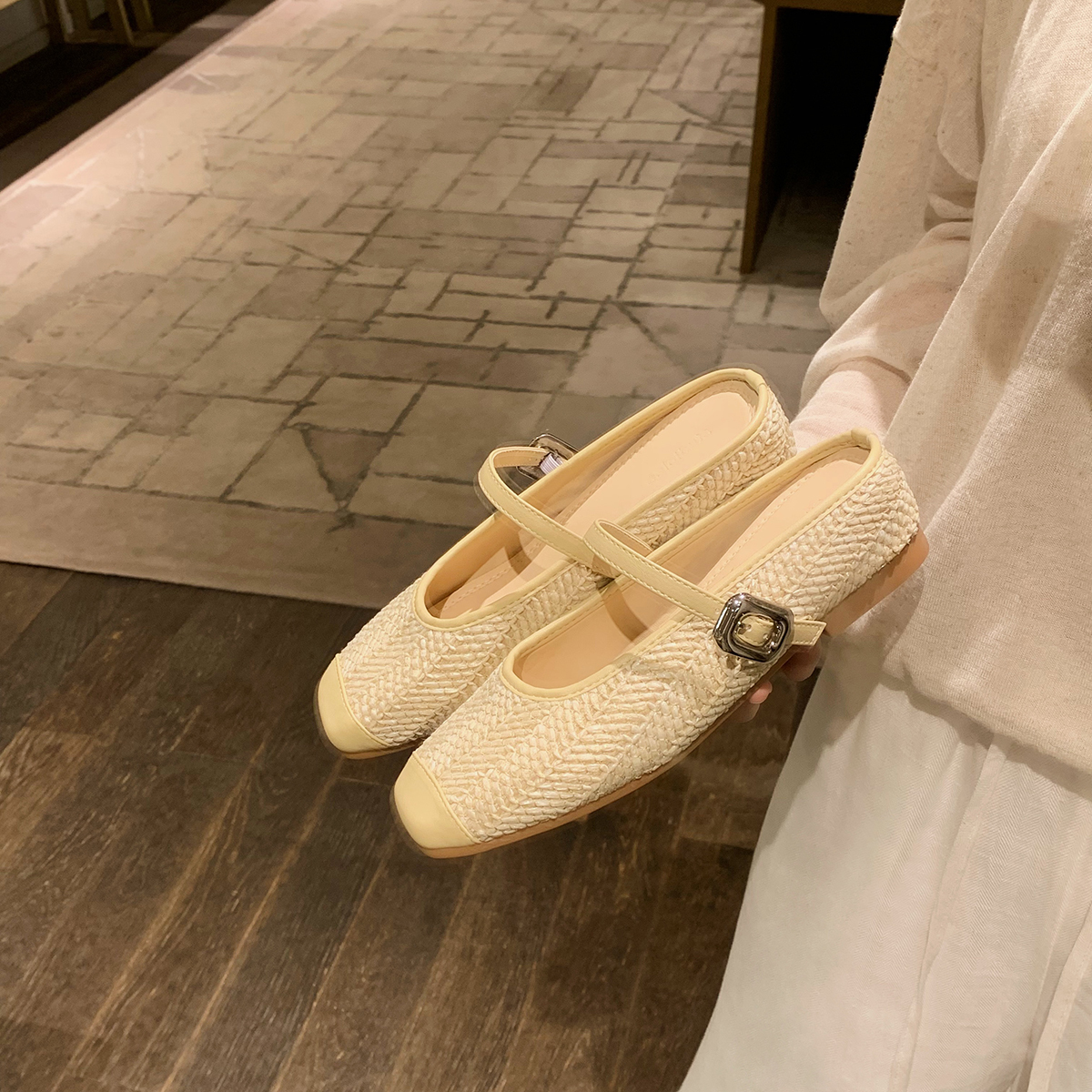 度假風草編方頭涼拖懶人半拖女夏季