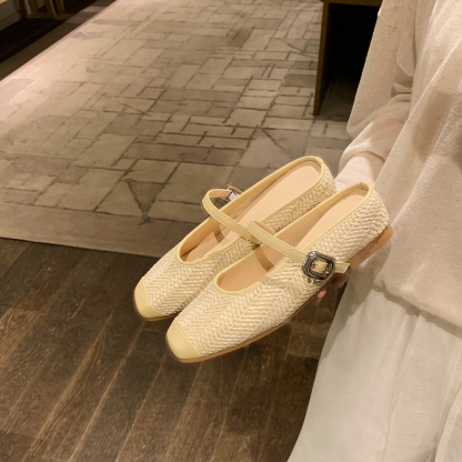 度假風草編方頭涼拖懶人半拖女夏季