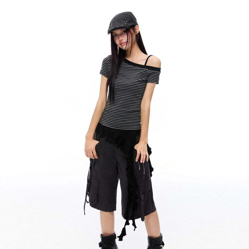 美式漏肩條紋短袖T恤女2025年夏季慵懶風修身顯瘦短款上衣女