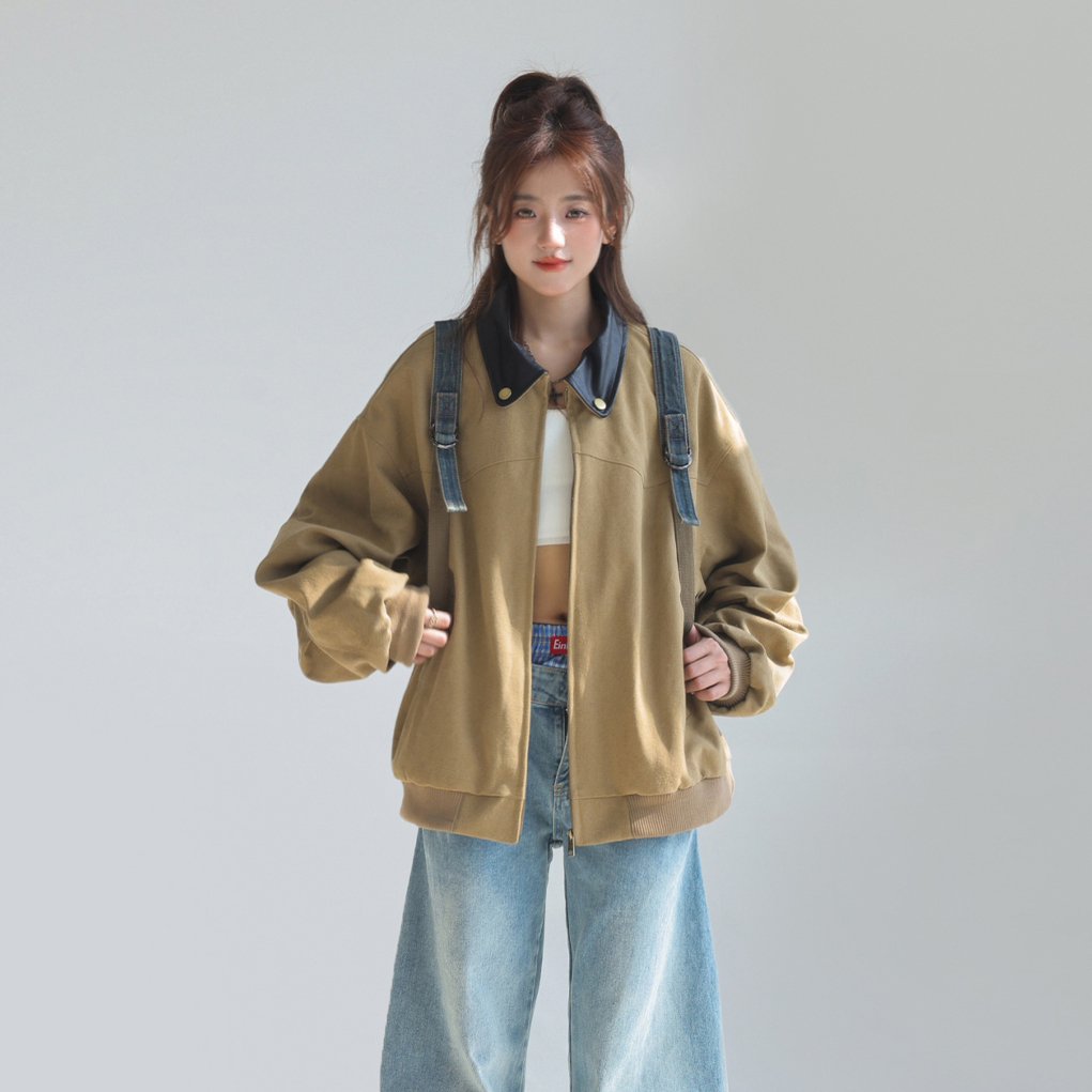 巴恩風外套女短款小個子美式復古pu拼皮工裝翻領夾克