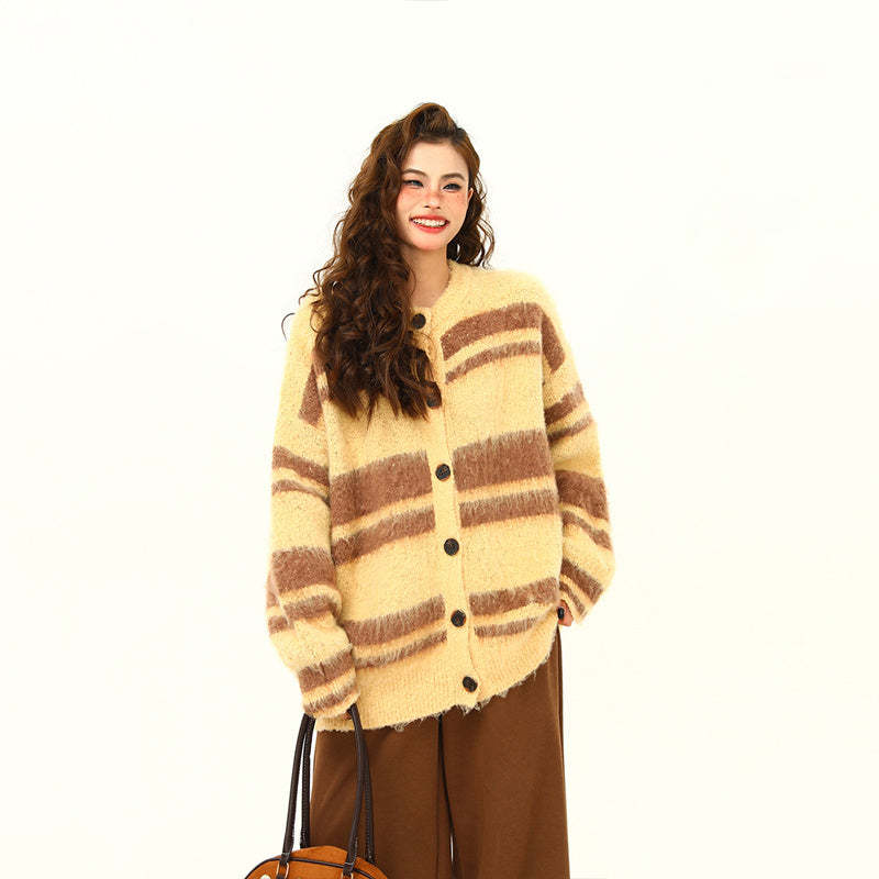 美式復古軟糯仿貂毛針織衫外套女秋冬條紋慵懶寬鬆外套